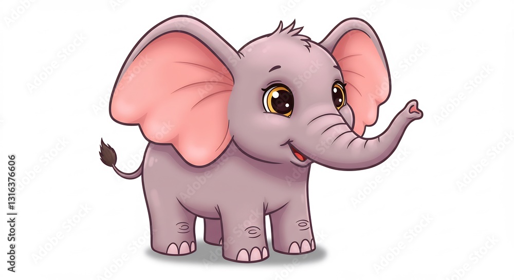 Fototapeta premium Adorable cartoon baby elephant joyfully stands soft light background. AI Generated