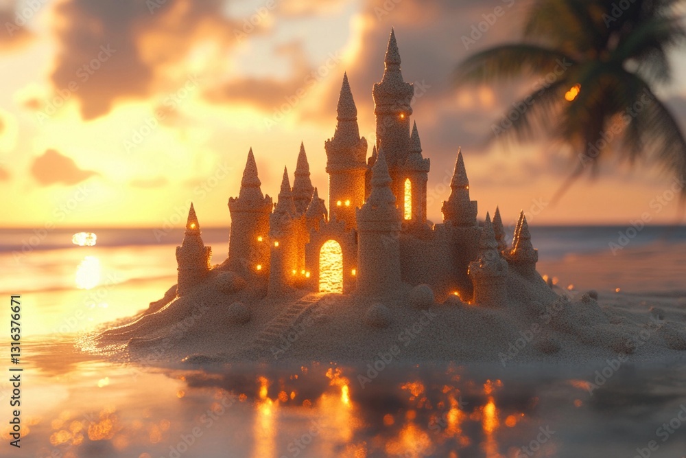 Naklejka premium Sandcastle masterpiece glows at sunset on a beach with crashing waves