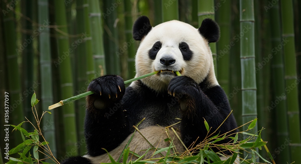 Obraz premium Adorable panda calmly munches bamboo stalks bathed in soft sunlight. AI Generated