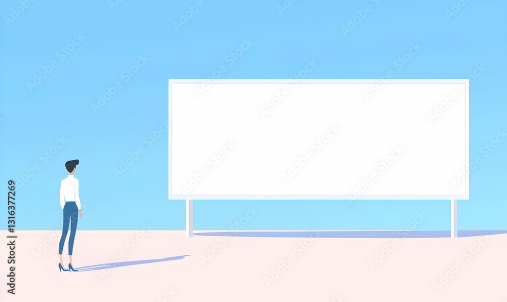 Person Standing in Front of a Blank Billboard Against a Blue Sky Person Standing in Front of a Blank Billboard Against a Blue Sky