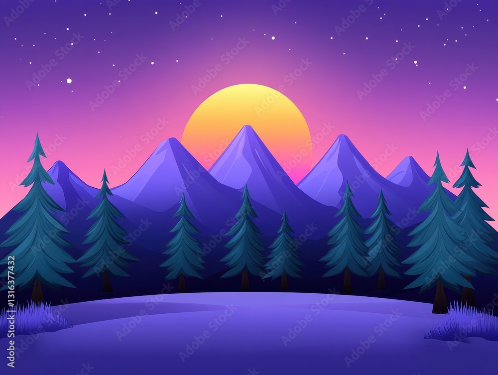 Fototapeta premium Vibrant sunset over majestic mountains with silhouetted pine trees in foreground