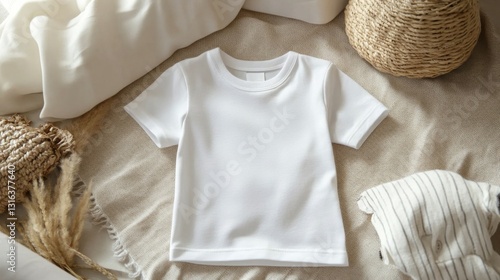 White Baby T-Shirt Mockup on Cream Texture Background