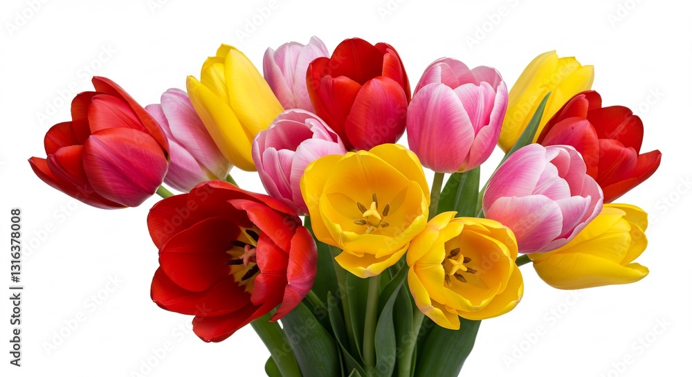 Vibrant tulips bloom brightly against white background. AI Generated Vibrant tulips bloom brightly against white background. AI Generated