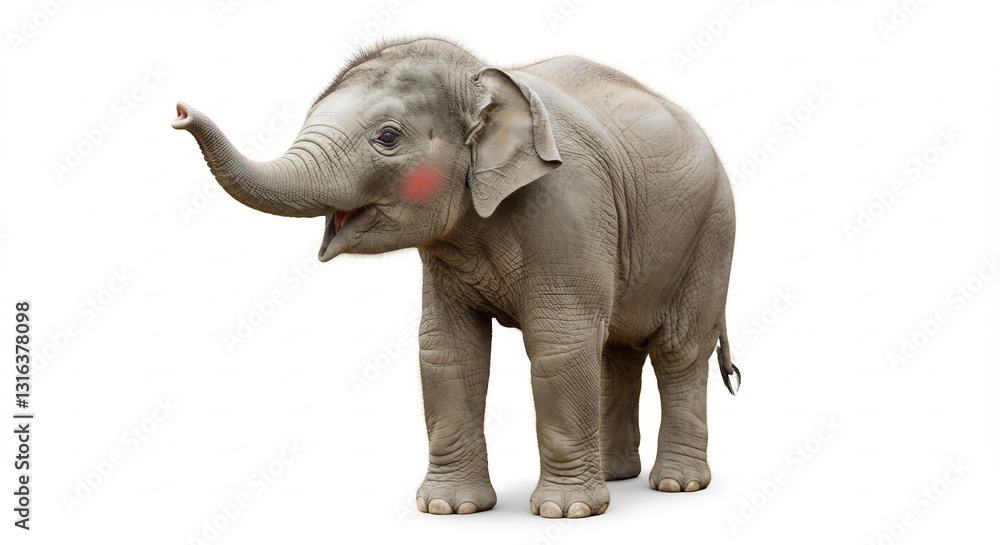 Obraz premium Adorable baby elephant playfully poses against bright white background. AI Generated