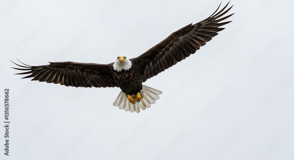 Fototapeta premium Majestic bald eagle gracefully soars against a pale sky wings fully extended. AI Generated