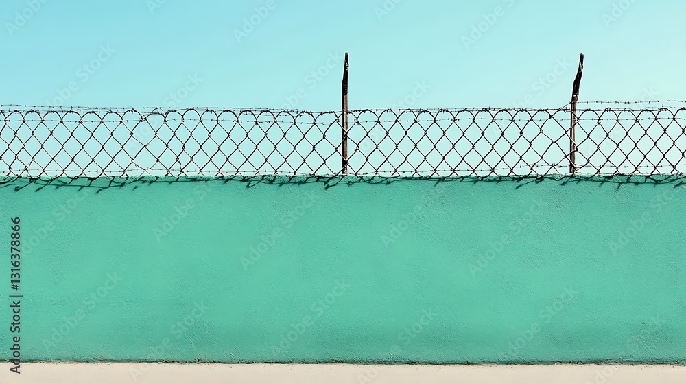 Teal Wall and Chain-Link Fence Under a Clear Sky AI Generated Teal Wall and Chain-Link Fence Under a Clear Sky AI Generated