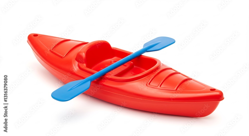 Brightly colored red kayak rests peacefully with blue paddle. AI Generated Brightly colored red kayak rests peacefully with blue paddle. AI Generated