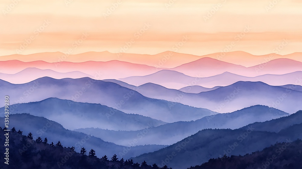 Misty mountain range sunset view Misty mountain range sunset view