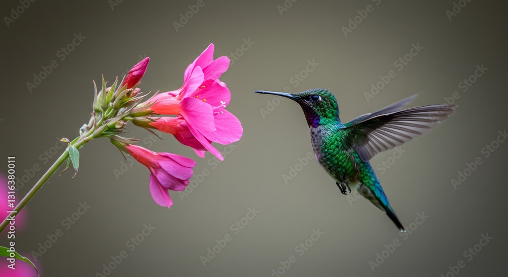 Fototapeta premium Vibrant hummingbird delicately hovers near bright pink flower soft light. AI Generated