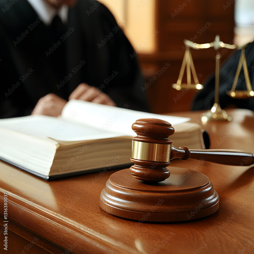 Courtroom Gavel and Law Books: Justice in Action Courtroom Gavel and Law Books: Justice in Action