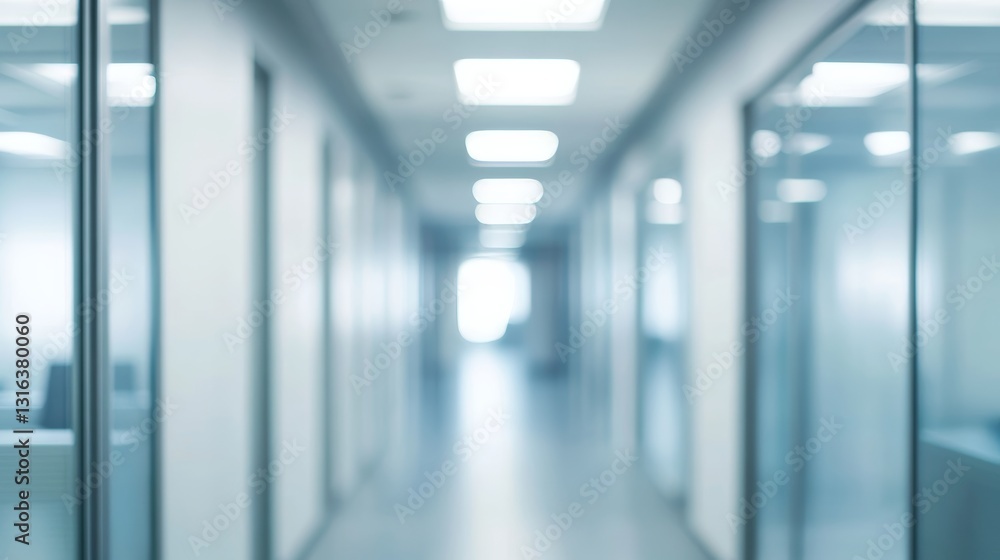 Fototapeta premium Blurred Office Corridor: Glass Walls White Interior 