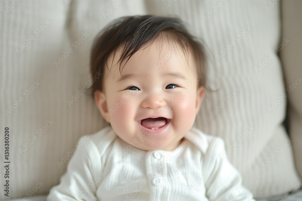 Adorable baby boy with expressive smile, wearing a cozy white outfit, exuding happiness against a soft, neutral background. Adorable baby boy with expressive smile, wearing a cozy white outfit, exuding happiness against a soft, neutral background.