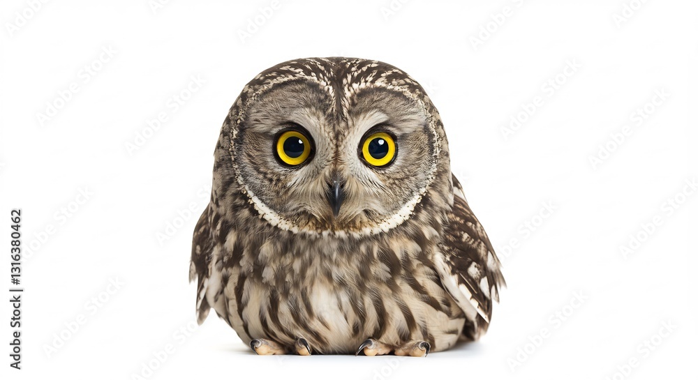 Naklejka premium Alert owl stares intently bright yellow eyes soft light illuminates fluffy feathers. AI Generated