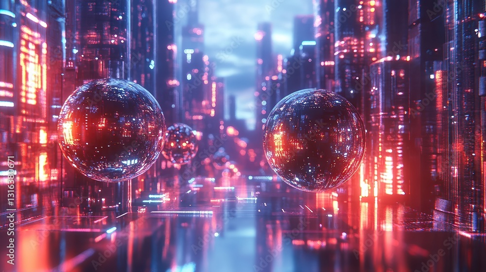 Robot juggling metallic spheres in futuristic neon-lit cityscape. Holographic lights reflect off sleek robotic design, blending technology with artistic movement. Robot juggling metallic spheres in futuristic neon-lit cityscape. Holographic lights reflect off sleek robotic design, blending technology with artistic movement.