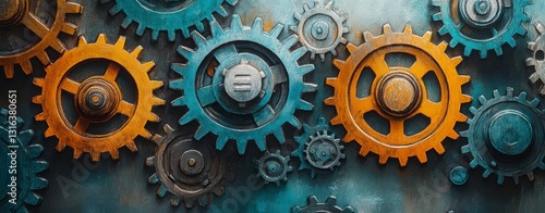Colorful gears in industrial machinery background.