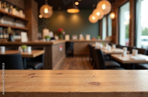 Image of a wooden table in front of an abstract blurry background of a restaurant
