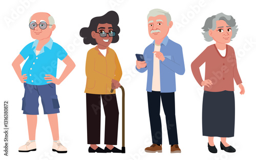 Older people set. Old men and women in standing poses.