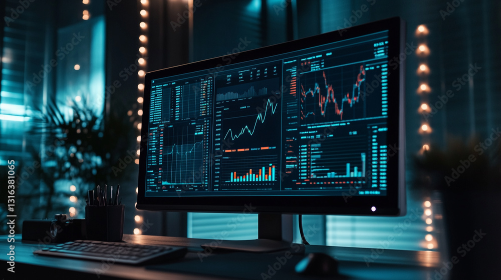 Modern computer screen displays financial data graphs charts stock market growth report trends Modern computer screen displays financial data graphs charts stock market growth report trends