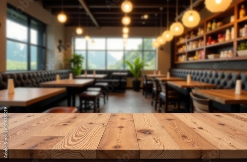 Wallpaper Mural Image of a wooden table in front of an abstract blurry background of a restaurant Torontodigital.ca
