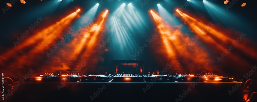 Fototapeta premium DJ console under stage lights, concert background