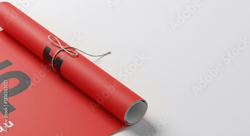 Red poster roll with twine. on plain white background, HD minimal product photography, PNG style mockup
