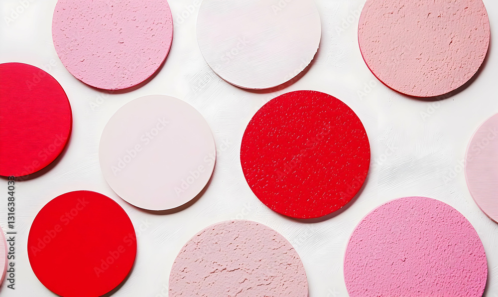 Fototapeta premium Colorful Round Discs in Various Shades of Pink and Red on White Background