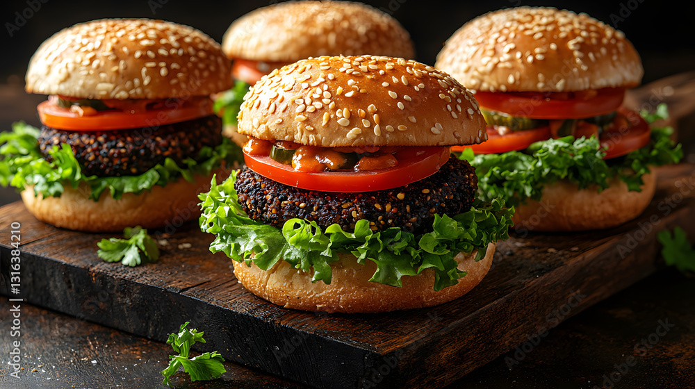side view of freshly made vegan burgers with black bean patties, topped with lettuce and tomato, on wooden board. sesame seed buns add classic touch to presentation side view of freshly made vegan burgers with black bean patties, topped with lettuce and tomato, on wooden board. sesame seed buns add classic touch to presentation
