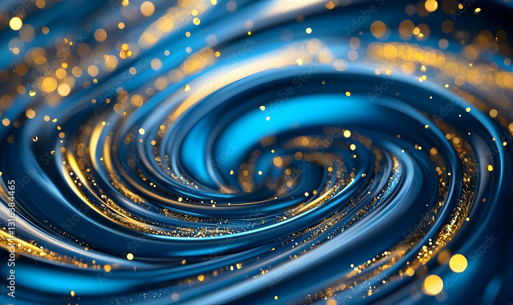 Swirling Blue and Gold Abstract Background with Sparkling Particles Swirling Blue and Gold Abstract Background with Sparkling Particles