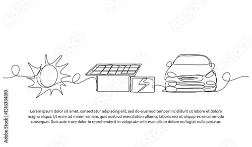 Continuous one line design of solar energy for electric car. Minimalist style vector illustration on white background.