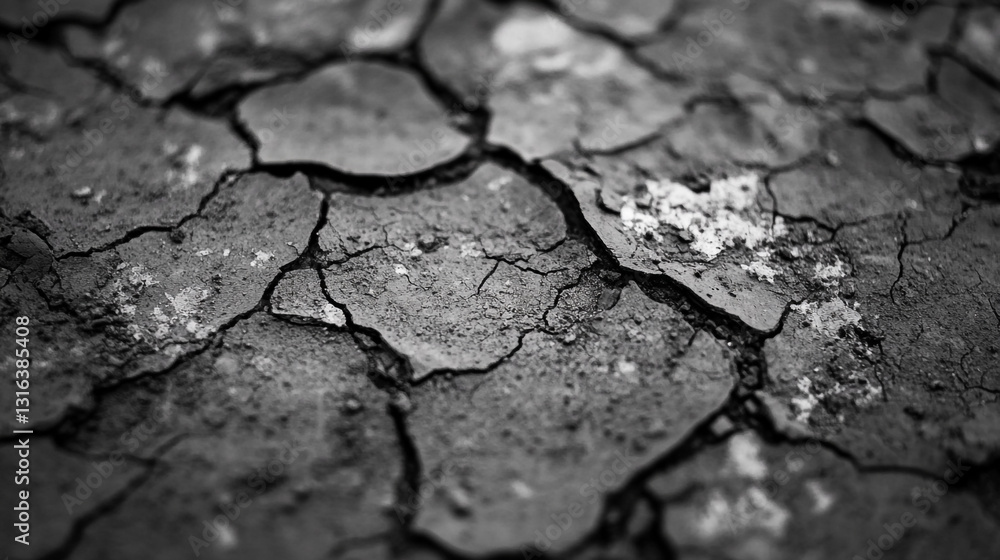 Fototapeta premium Abstract monochrome cracked earth texture background dry soil arid land black white rough image photo