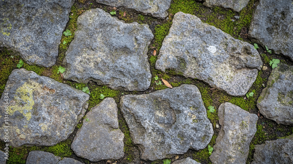 Grey stone pavement texture with green moss and plants old rock path rough image nature ground detail Grey stone pavement texture with green moss and plants old rock path rough image nature ground detail