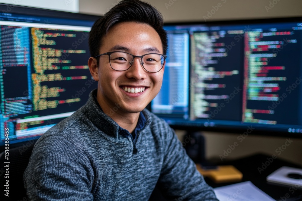 Fototapeta premium A software engineer is smiling confidently at the camera, surrounded by dual monitors displaying colorful lines of code. The modern office exudes a productive atmosphere