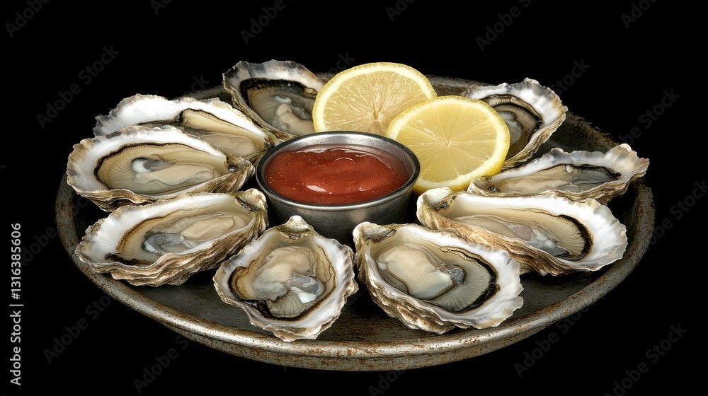 Fresh Oysters with Lemon and Sauce on Rustic Tray Fresh Oysters with Lemon and Sauce on Rustic Tray