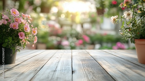 Wooden table resting in sunlit garden, blurred blooming flowers creating colorful background landscape