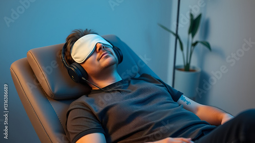 Patient relaxing in a comfortable chair, wearing headphones and an eye mask, during a ketamine therapy session