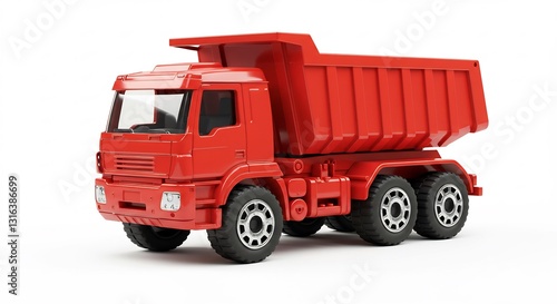Vibrant red toy dump truck gleams brightly against a stark white background. AI Generated