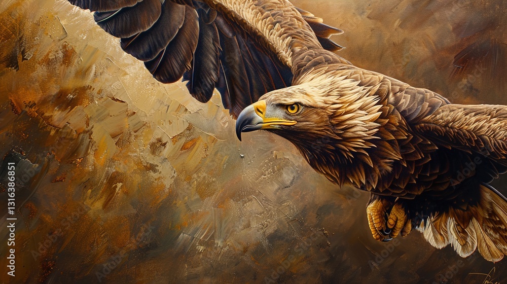 A close-up of a painting of a majestic eagle in flight, displayed on a solid background.