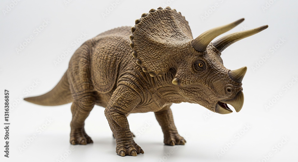 Fototapeta premium Detailed Triceratops model subtly lit against white background. AI Generated