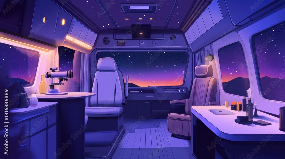 Fototapeta premium Interior of a vehicle overlooking a scenic starlit night