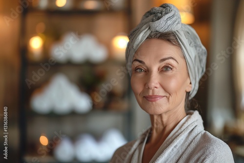 A serene elderly woman with a towel turban and a warm smile, radiating tranquility in a cozy spa-like setting.