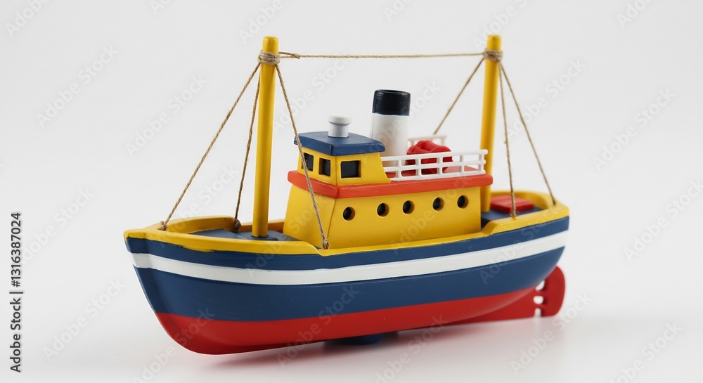Charming yellow toy boat floats gently against bright white background. AI Generated Charming yellow toy boat floats gently against bright white background. AI Generated