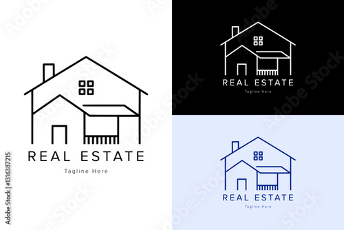 minimalist house design, icon, vector, thin line logo for home, house for sale, guesthouse, rental house, property agents, real estate, property firm, construction, builders