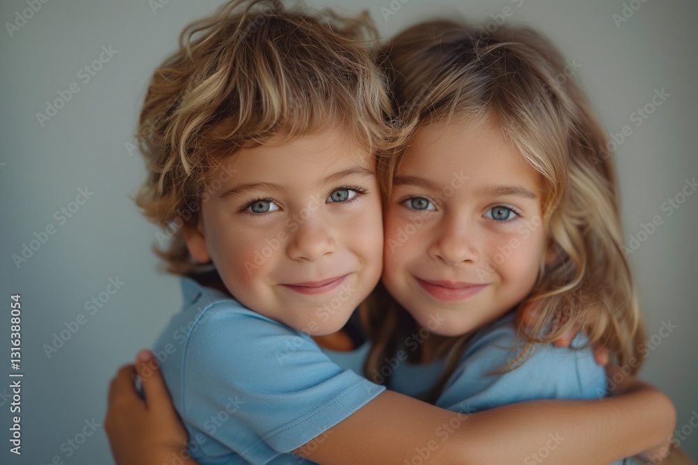 Two cheerful Caucasian children, a boy and a girl, happily embracing each other with bright smiles and sparkling blue eyes. Two cheerful Caucasian children, a boy and a girl, happily embracing each other with bright smiles and sparkling blue eyes.