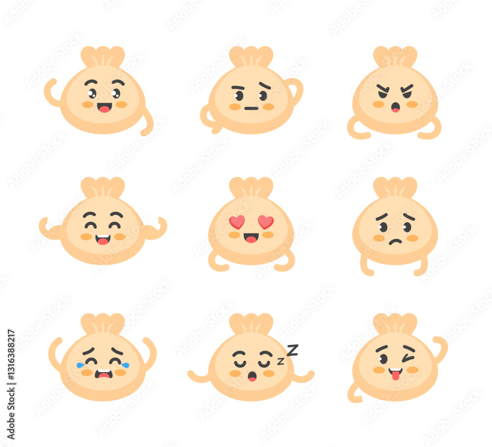 Dim sum character poses and emotions set, mascot of oriental food, delivery and asian fast food in cartoon kawaii style Dim sum character poses and emotions set, mascot of oriental food, delivery and asian fast food in cartoon kawaii style