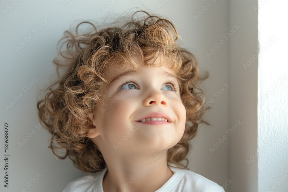 A cheerful Caucasian boy with curly hair gazes upwards, illuminated by soft natural light, showcasing his joyful expression. A cheerful Caucasian boy with curly hair gazes upwards, illuminated by soft natural light, showcasing his joyful expression.