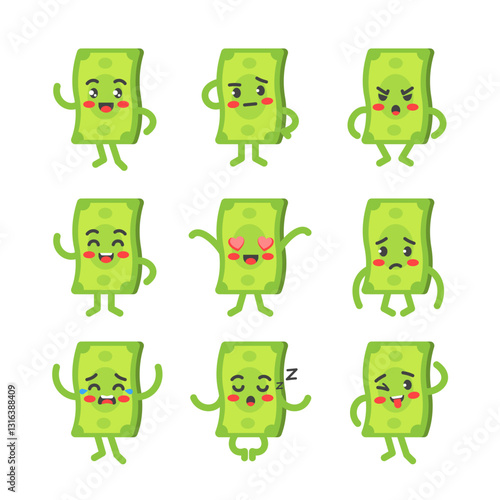 Paper dollar character poses and emotions set, finance, banking, investment mascot in cartoon kawaii style