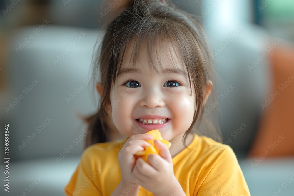 Cheerful young girl smiling while holding a piece of fruit, dressed in a bright yellow shirt, radiating joy and innocence. Cheerful young girl smiling while holding a piece of fruit, dressed in a bright yellow shirt, radiating joy and innocence.