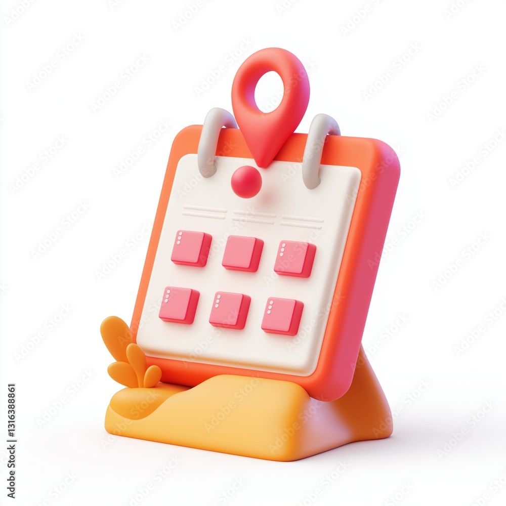 3D Render of a Cute Calendar with Location Pin for Appointment Scheduling and Event Planning