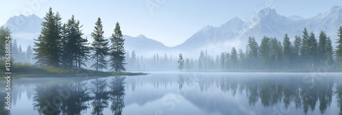 A tranquil early morning mist over a calm lake, with the reflection of pine trees and mountains on the waterâ€™s surface. 