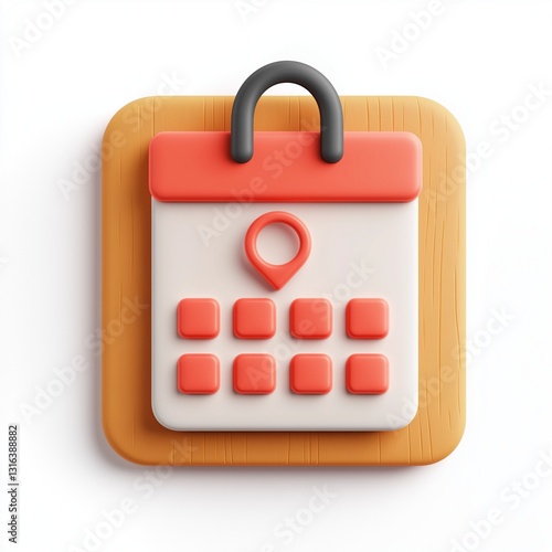 3D Render of a Cute Calendar Icon with Location Pin on Wooden Background